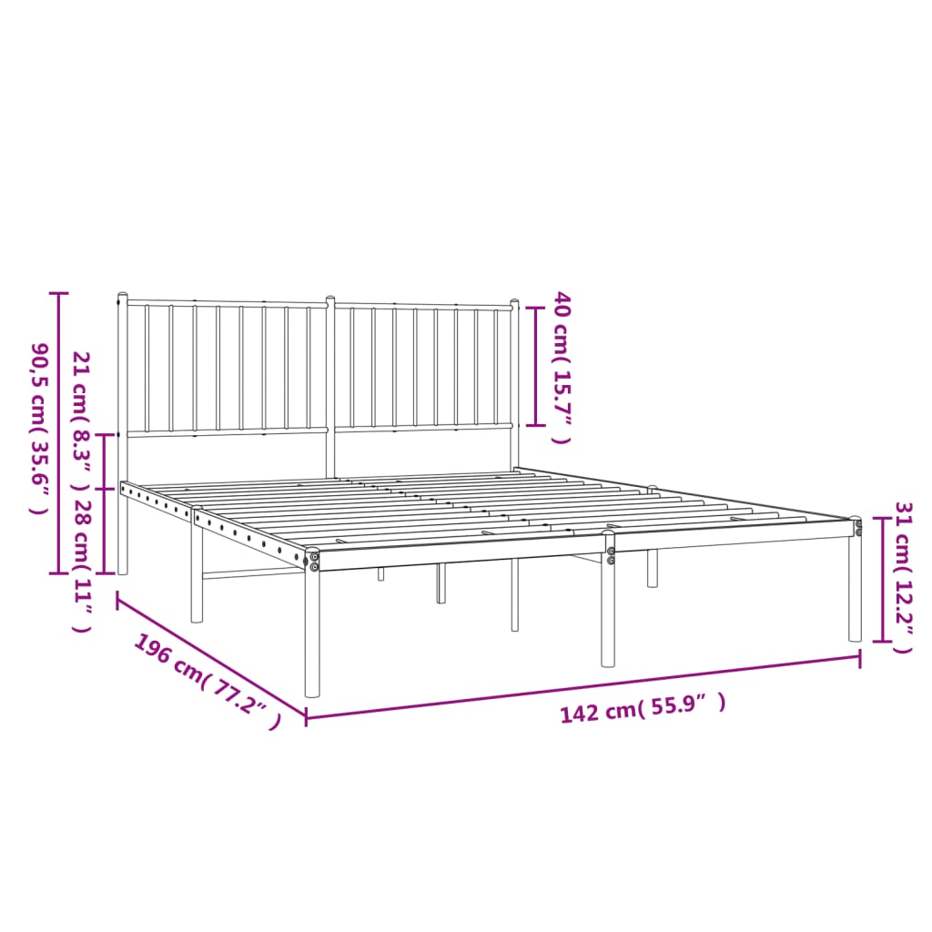 Metal Bed Frame without Mattress with Headboard Black 135x190 cm