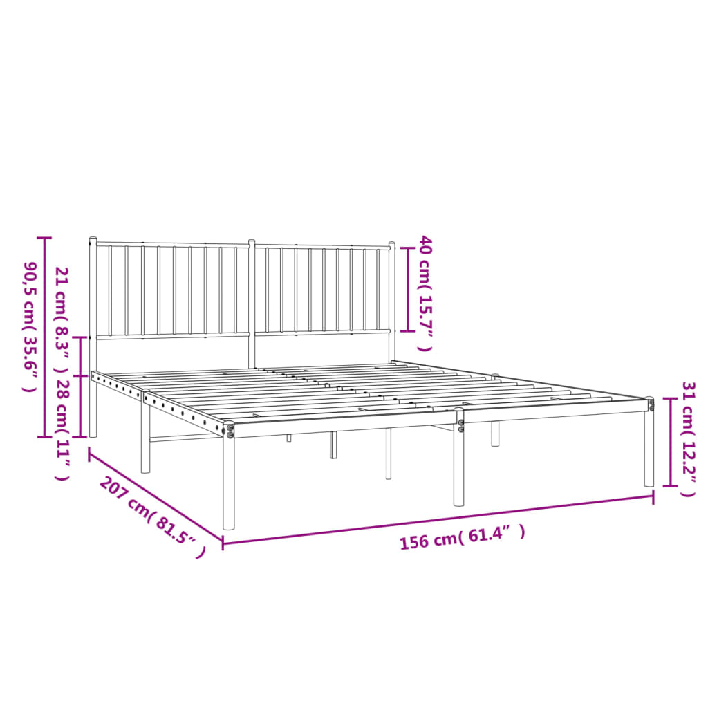 Metal Bed Frame without Mattress with Headboard Black 150x200 cm