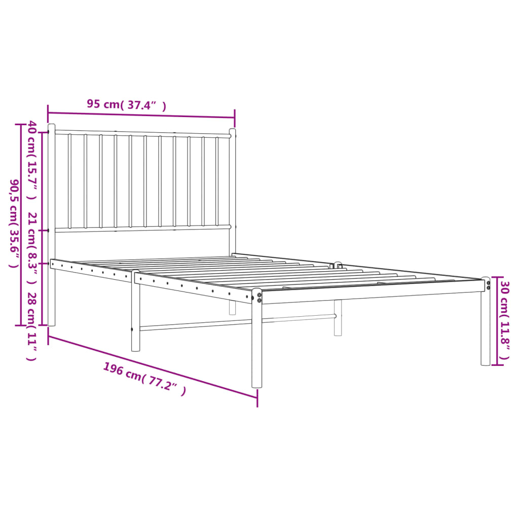 Metal Bed Frame without Mattress with Headboard White 90x190 cm