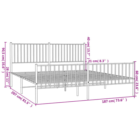 Metal Bed Frame without Mattress with Footboard White 183x203 cm King