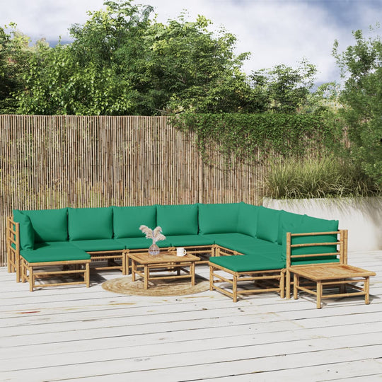 12 Piece Garden Lounge Set with Green Cushions  Bamboo