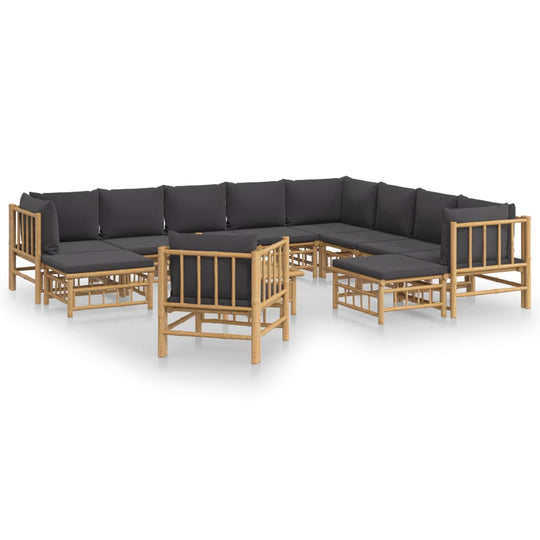 12 Piece Garden Lounge Set with Dark Grey Cushions  Bamboo