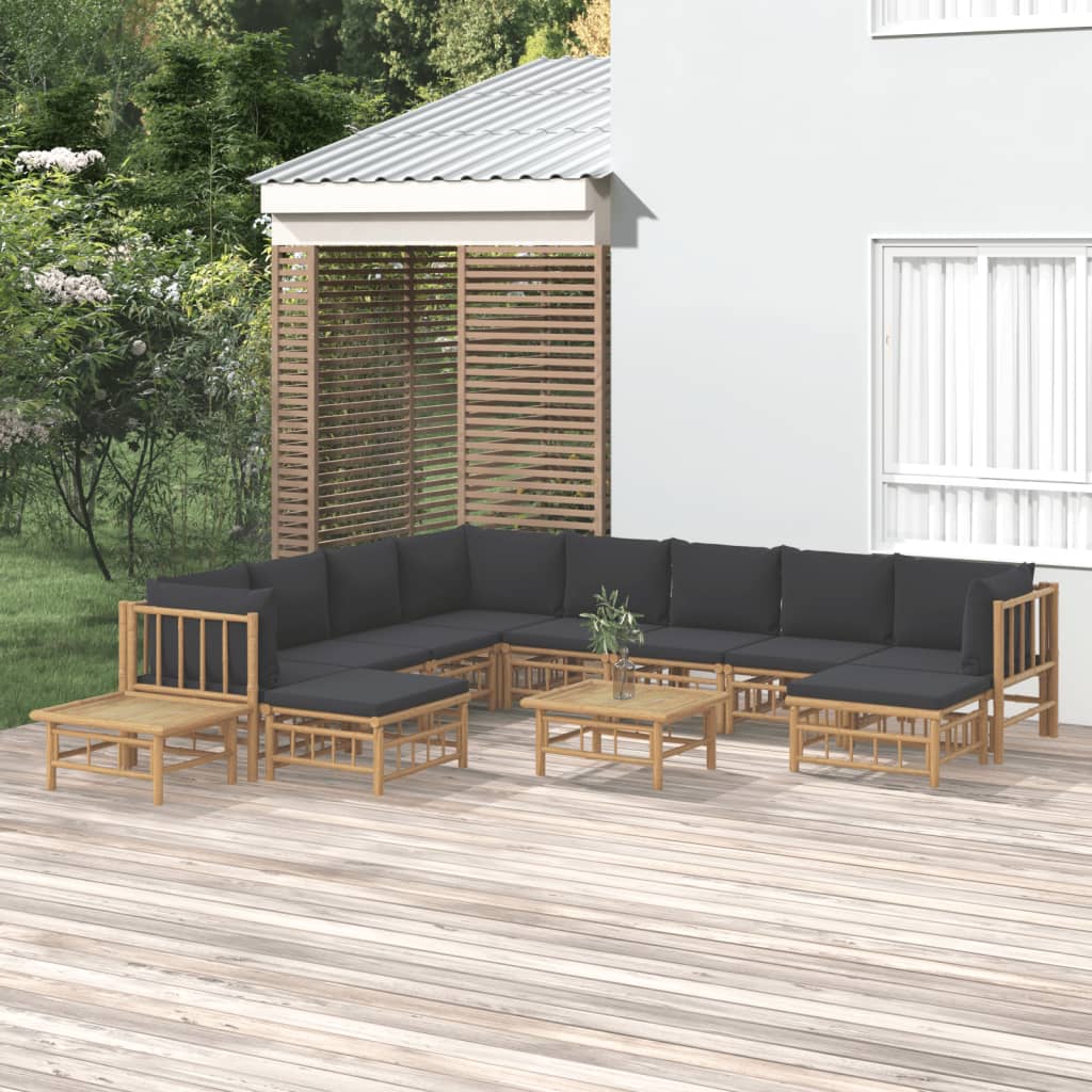 12 Piece Garden Lounge Set with Dark Grey Cushions  Bamboo