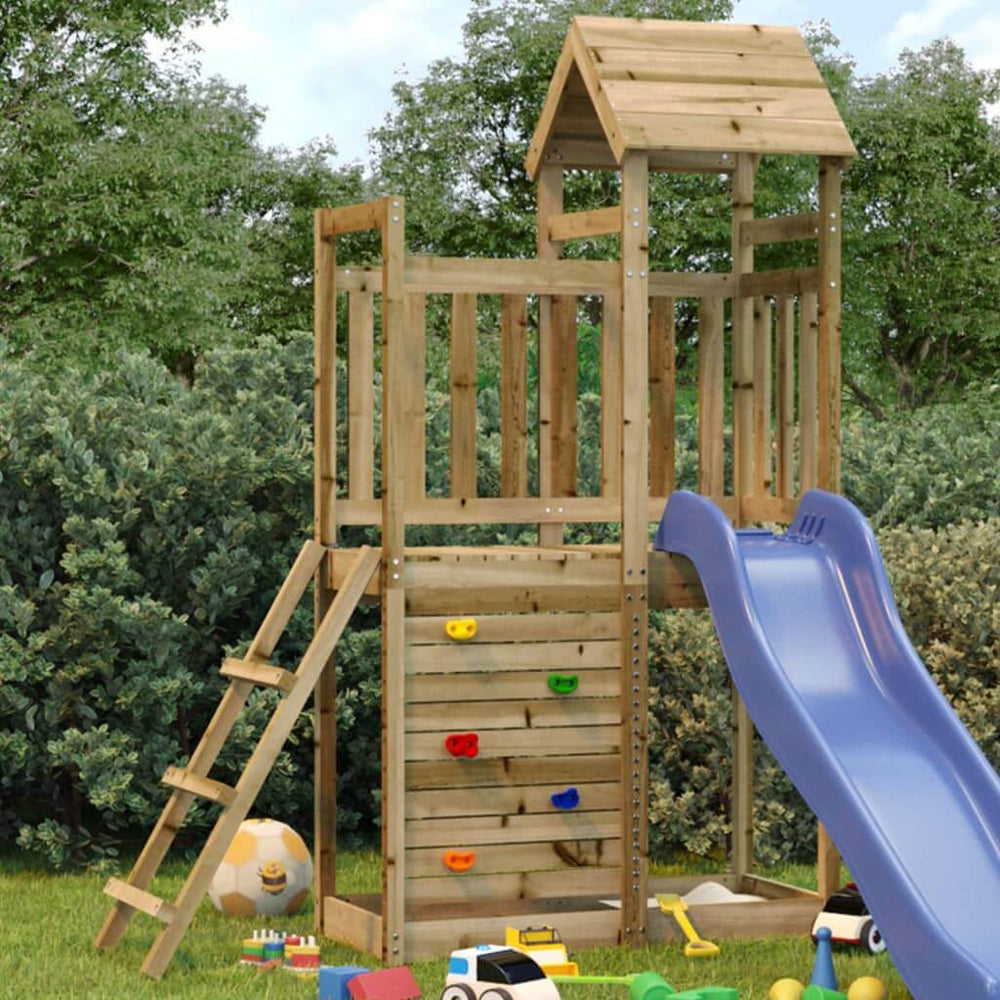 Affordable DIY luxe outdoor playset with slide, made of quality impregnated pine wood, featuring a rustic look and spacious design.