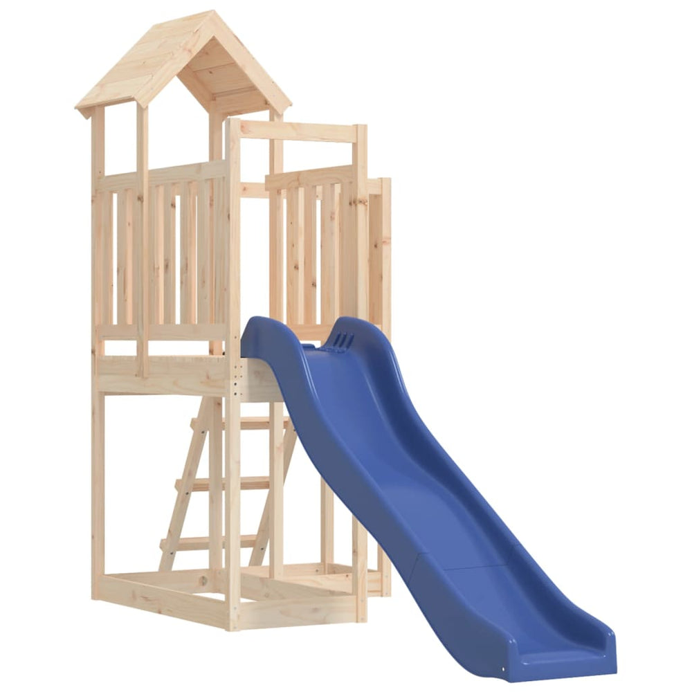 Affordable solid wood pine outdoor playset with blue slide, perfect for kids' imaginative adventures. Quality and cheap DIY playground.