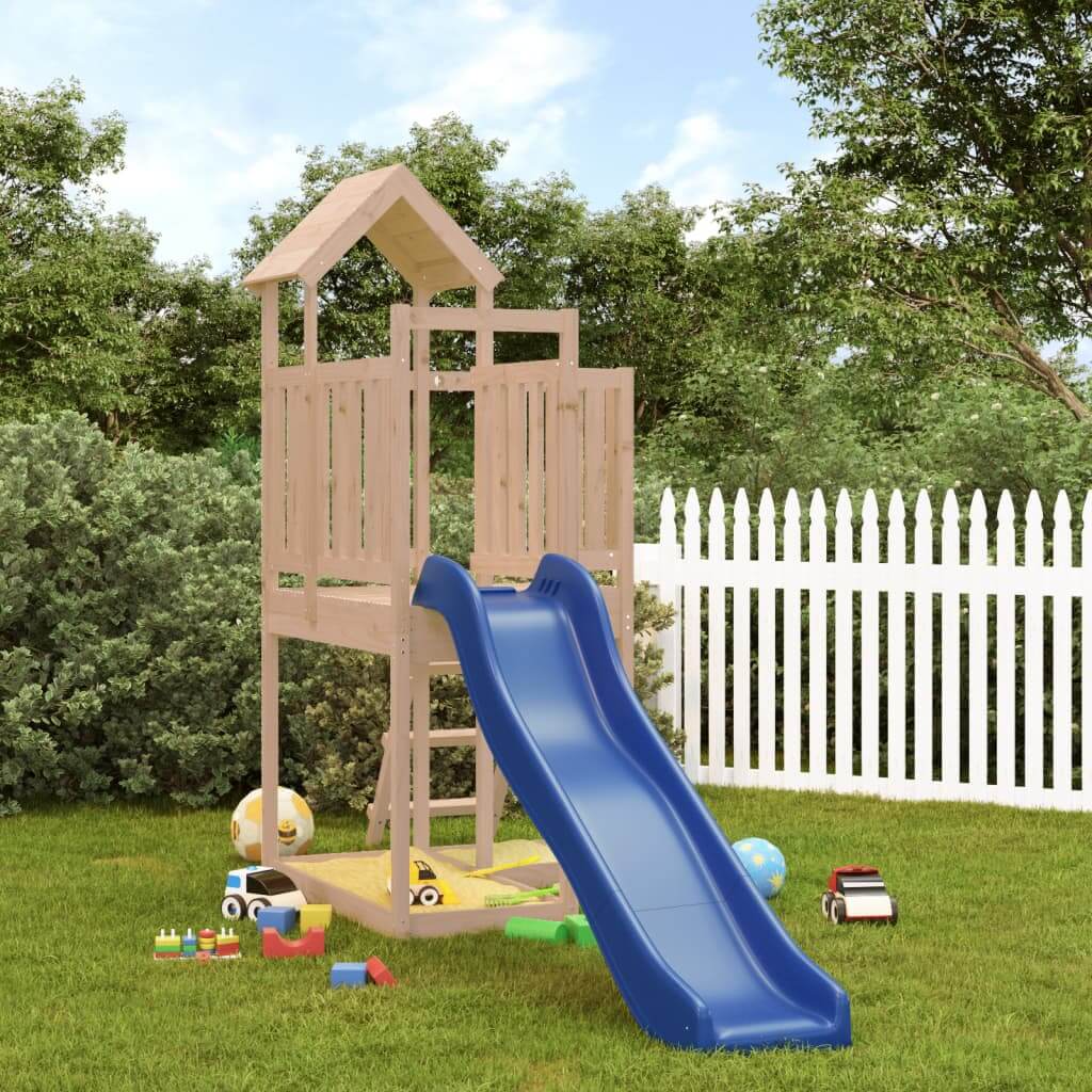 Affordable luxury outdoor playset in solid pine wood with slide for kids' imaginative adventures in backyard. DIY and quality built.