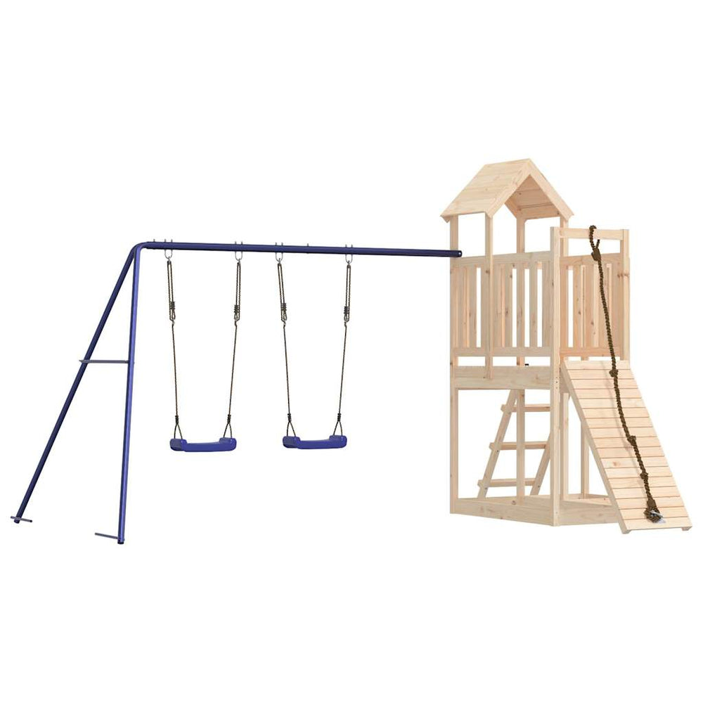 Affordable solid wood pine outdoor playset with swings and slide for kids' imaginative DIY backyard adventures.