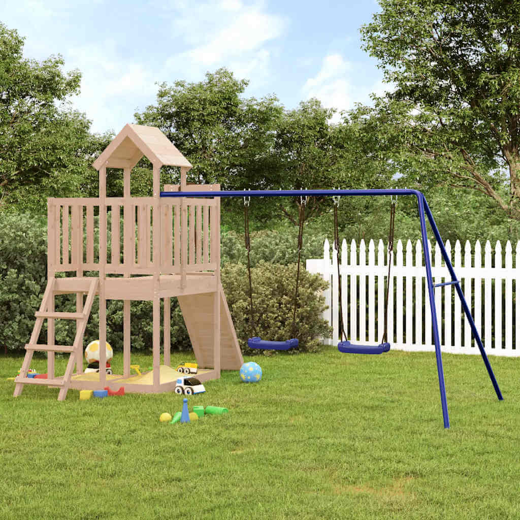 Affordable DIY outdoor playset made of quality solid pine wood with swings and slide, offering luxury playtime in your backyard.