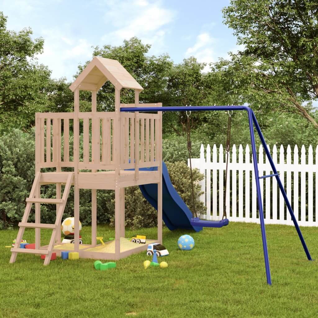 Affordable wooden outdoor playset made of quality solid pine with slide and swing, perfect for DIY backyard fun and adventure.