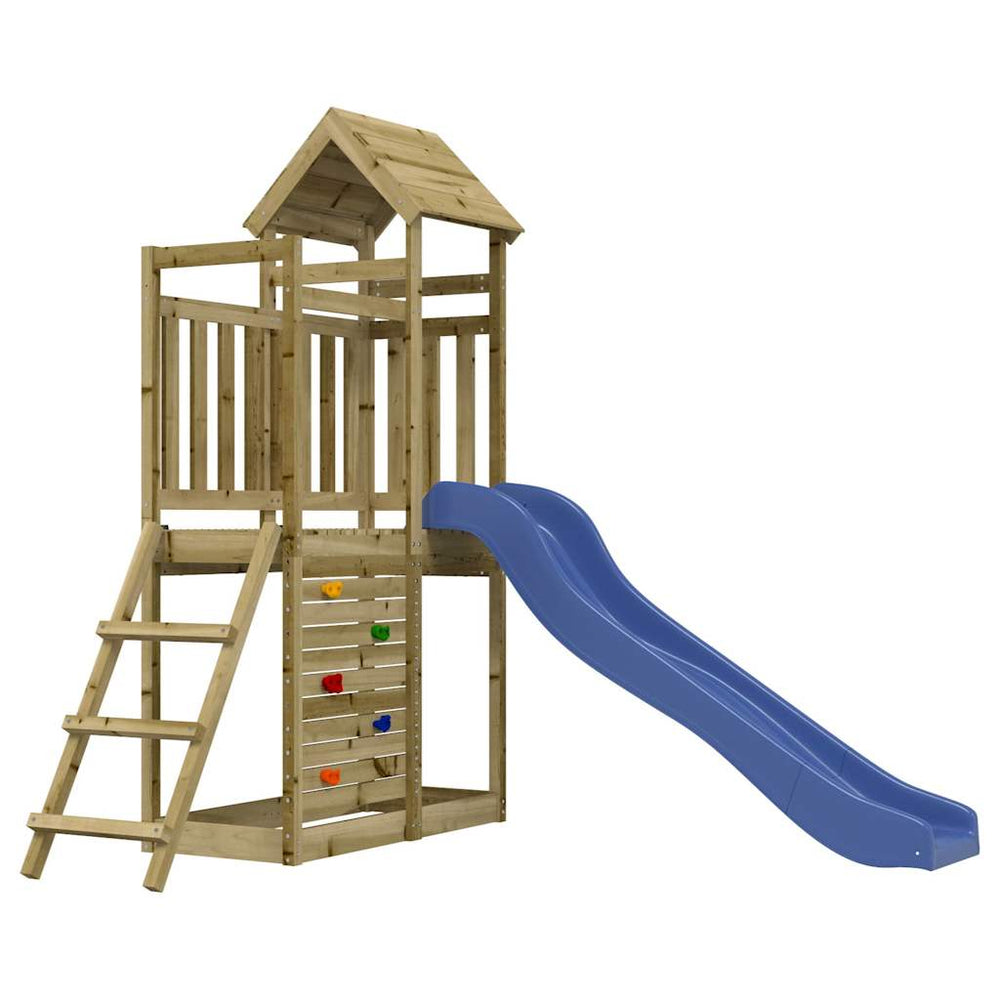 Affordable quality outdoor playset with slide, made from impregnated pine wood for DIY luxury backyard fun.