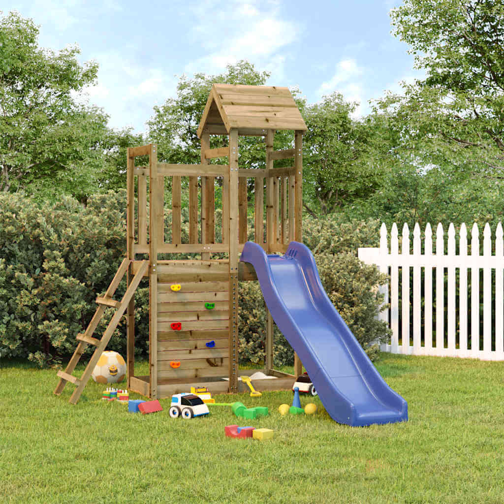 Affordable outdoor playset with slide, made from quality impregnated pine wood, offering a luxe DIY playground experience in your backyard.