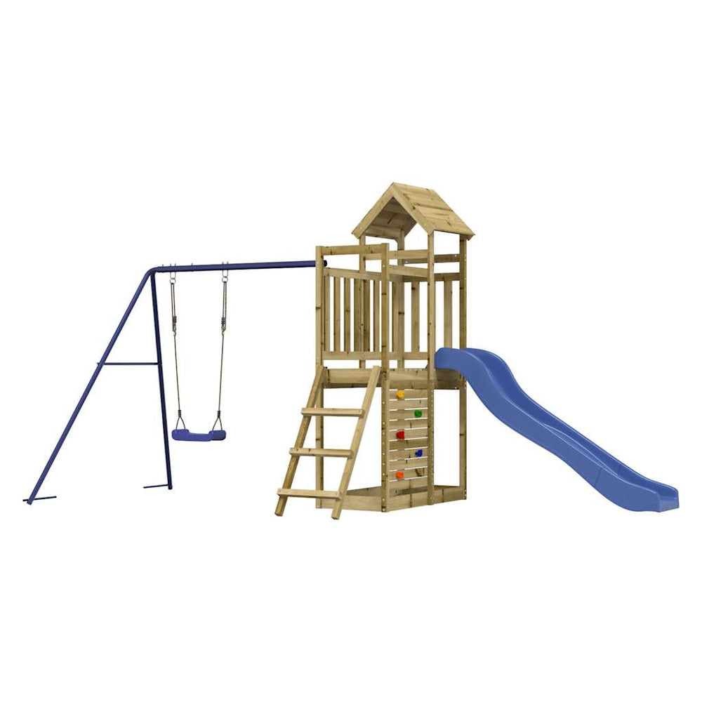 Affordable outdoor playset with swing, slide, and climbing frame made of durable impregnated pine wood for creative backyard play.