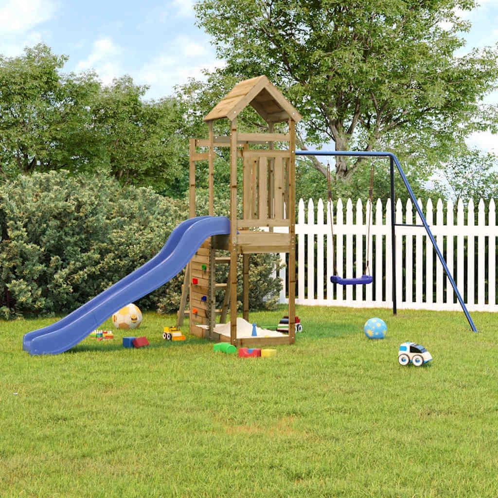 Affordable and quality outdoor playset made of impregnated pine wood with slide and swing, perfect for DIY backyard playground.