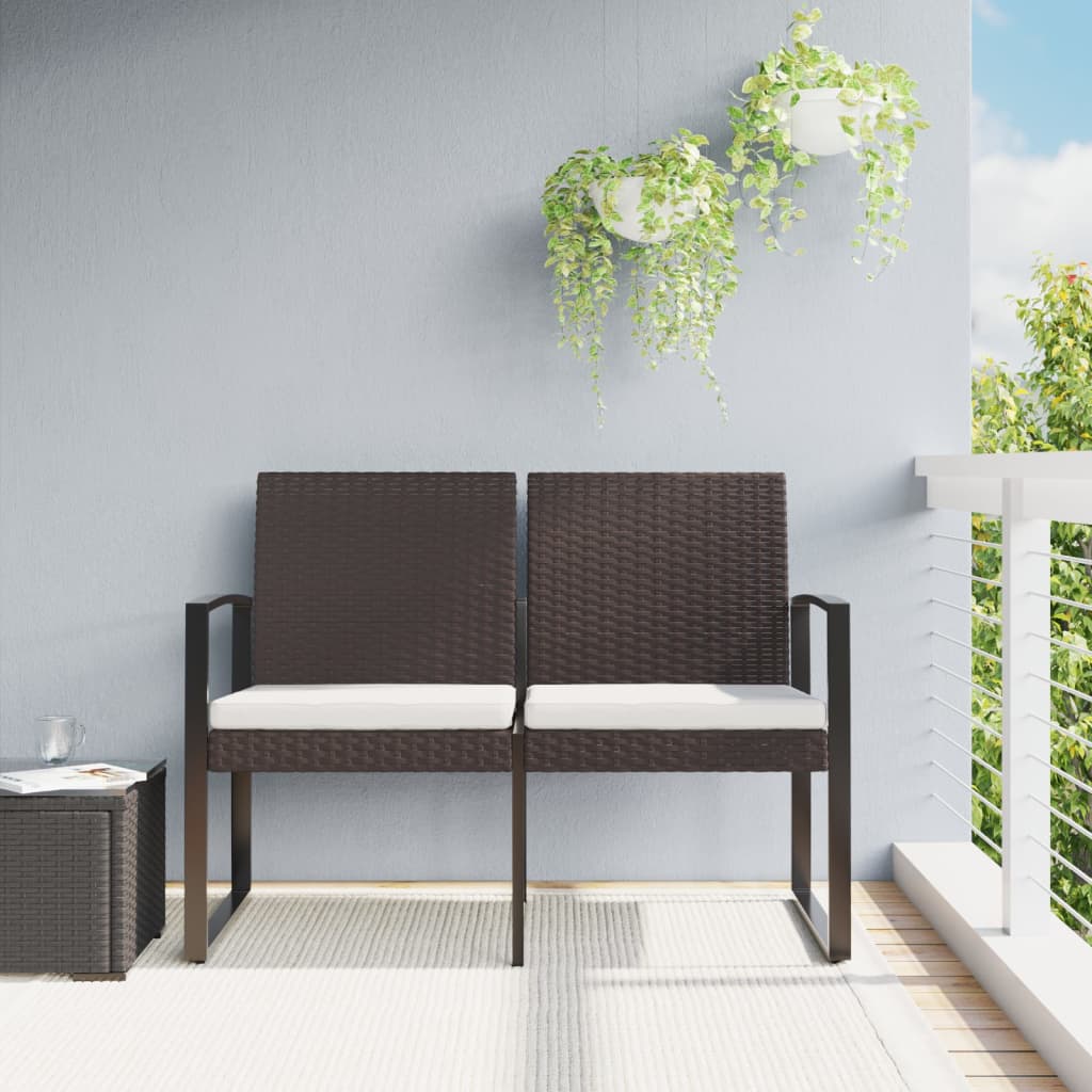 2-Seater Garden Bench with Cushions Brown PP Rattan