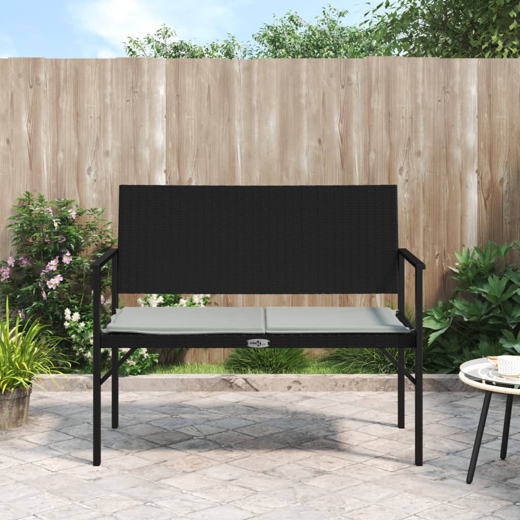 2-Seater Garden Bench with Cushion Black Poly Rattan