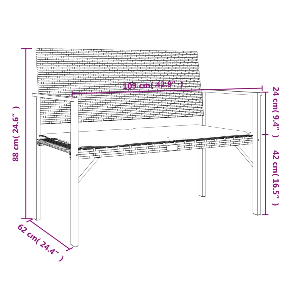 2-Seater Garden Bench with Cushion Grey Poly Rattan