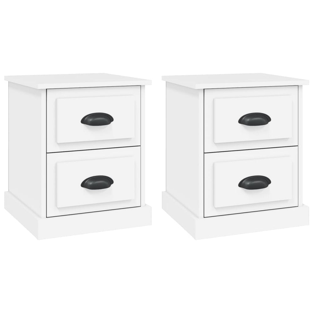 Affordable quality white bedside cabinets with 2 drawers each, 39x39x47.5 cm, made of durable engineered wood for ample storage space.