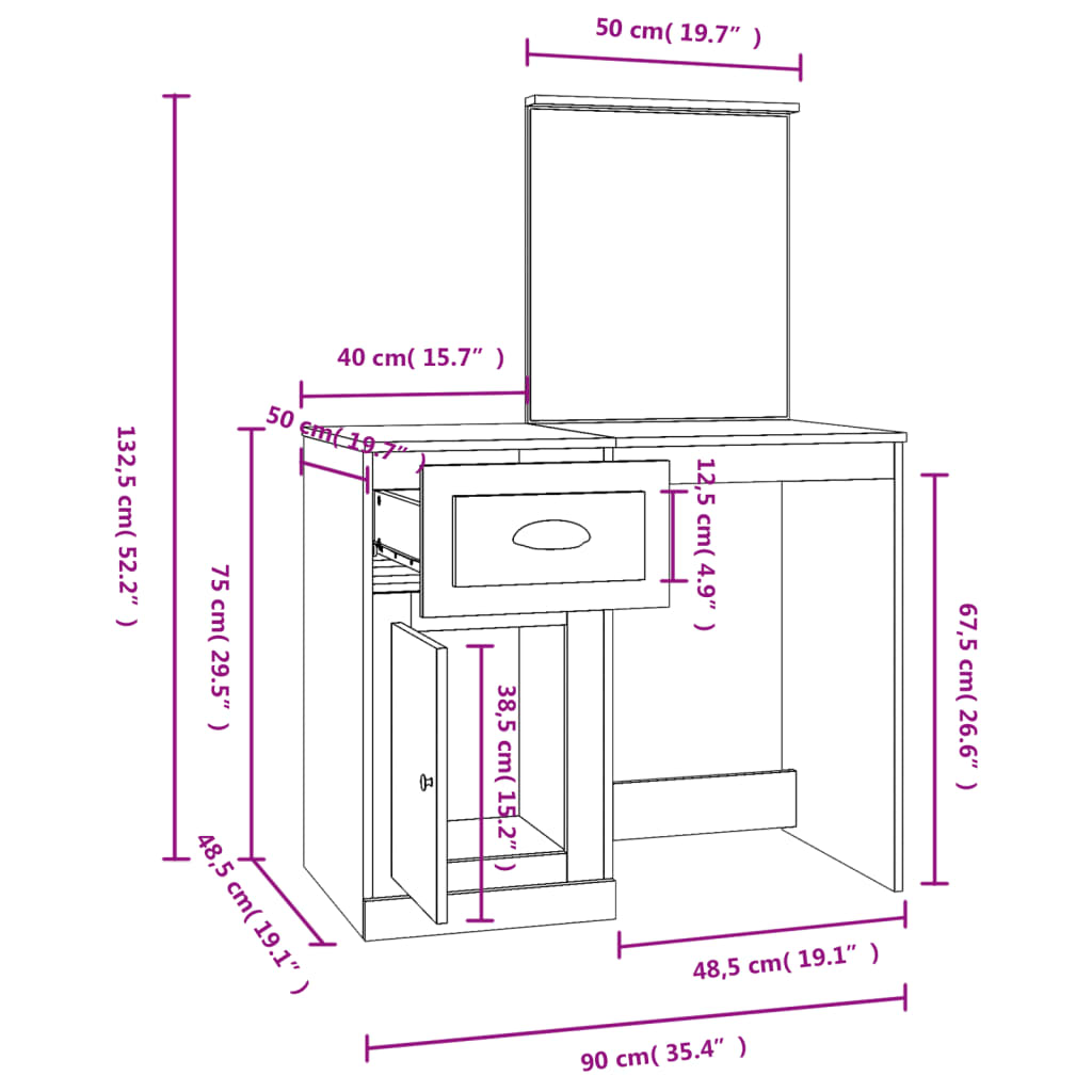 Dressing Table with Mirror High Gloss White 90x50x132.5 cm Engineered Wood