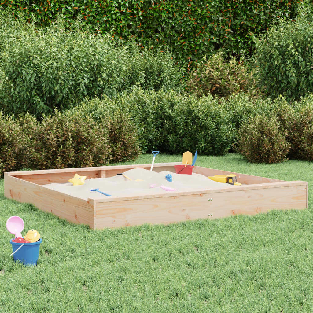 Affordable square pine wood sandbox with seats in a garden, perfect for DIY, quality playtime.