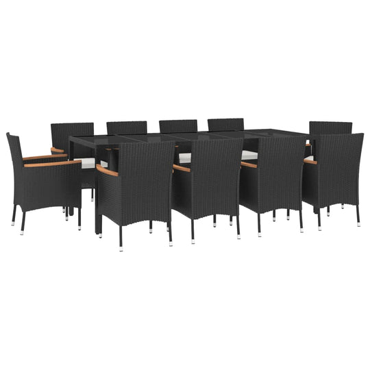 11 Piece Garden Dining Set with Cushions Black Poly Rattan