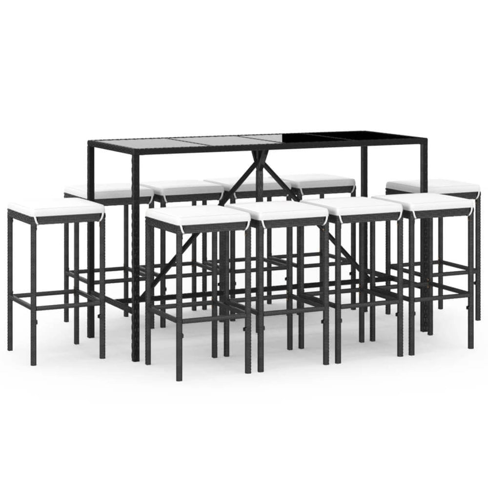 11 Piece Garden Bar Set with Cushions Black Poly Rattan