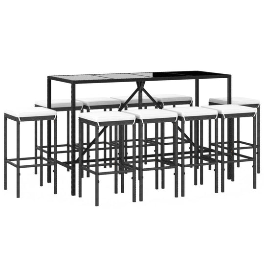 11 Piece Garden Bar Set with Cushions Black Poly Rattan