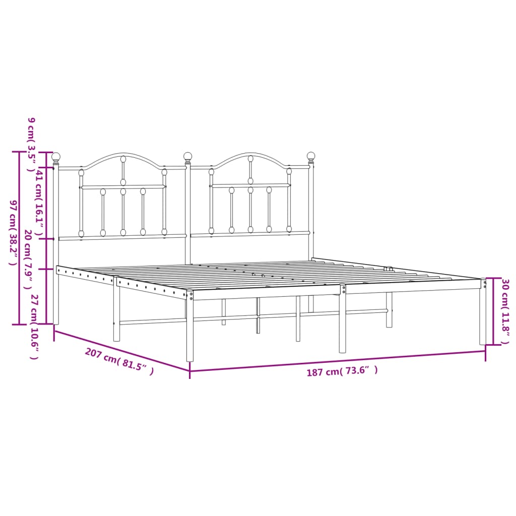 Metal Bed Frame without Mattress with Headboard White 183x203 cm King