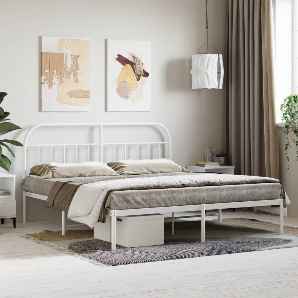 Metal Bed Frame without Mattress with Headboard White 183x203 cm King