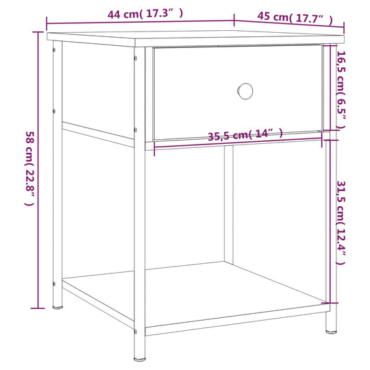 Dimensions of affordable and quality Sonoma Oak bedside table with metal frame, 44x45x58 cm.