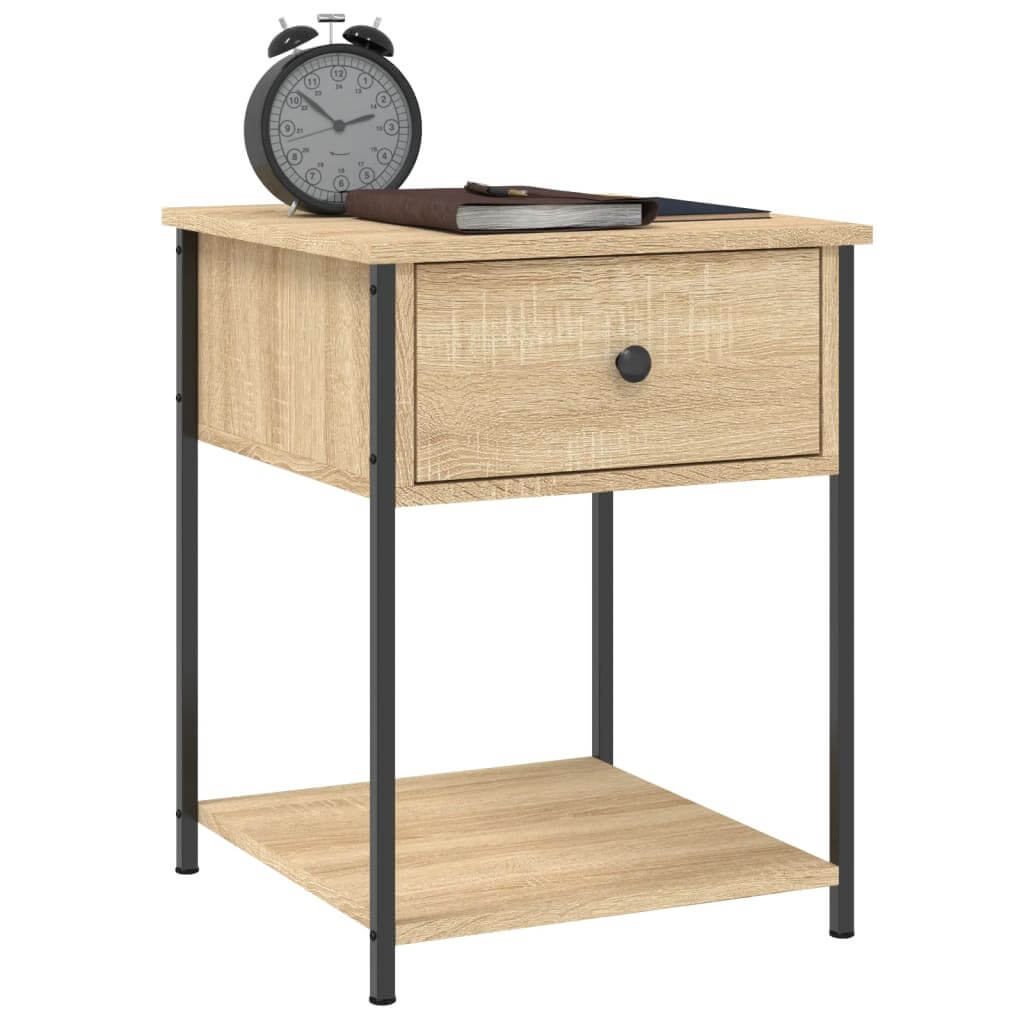 Affordable and quality bedside table in Sonoma Oak finish with durable engineered wood and metal frame, ample storage space, 44x45x58 cm.