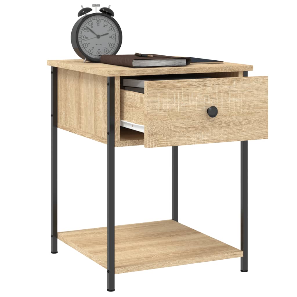 Affordable Sonoma Oak bedside table with drawer, engineered wood and metal frame, quality and value, 44x45x58 cm, open shelf and alarm clock on top