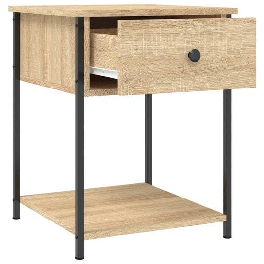 Affordable and quality bedside table in Sonoma oak with drawer and metal frame for stability, offering ample storage space.