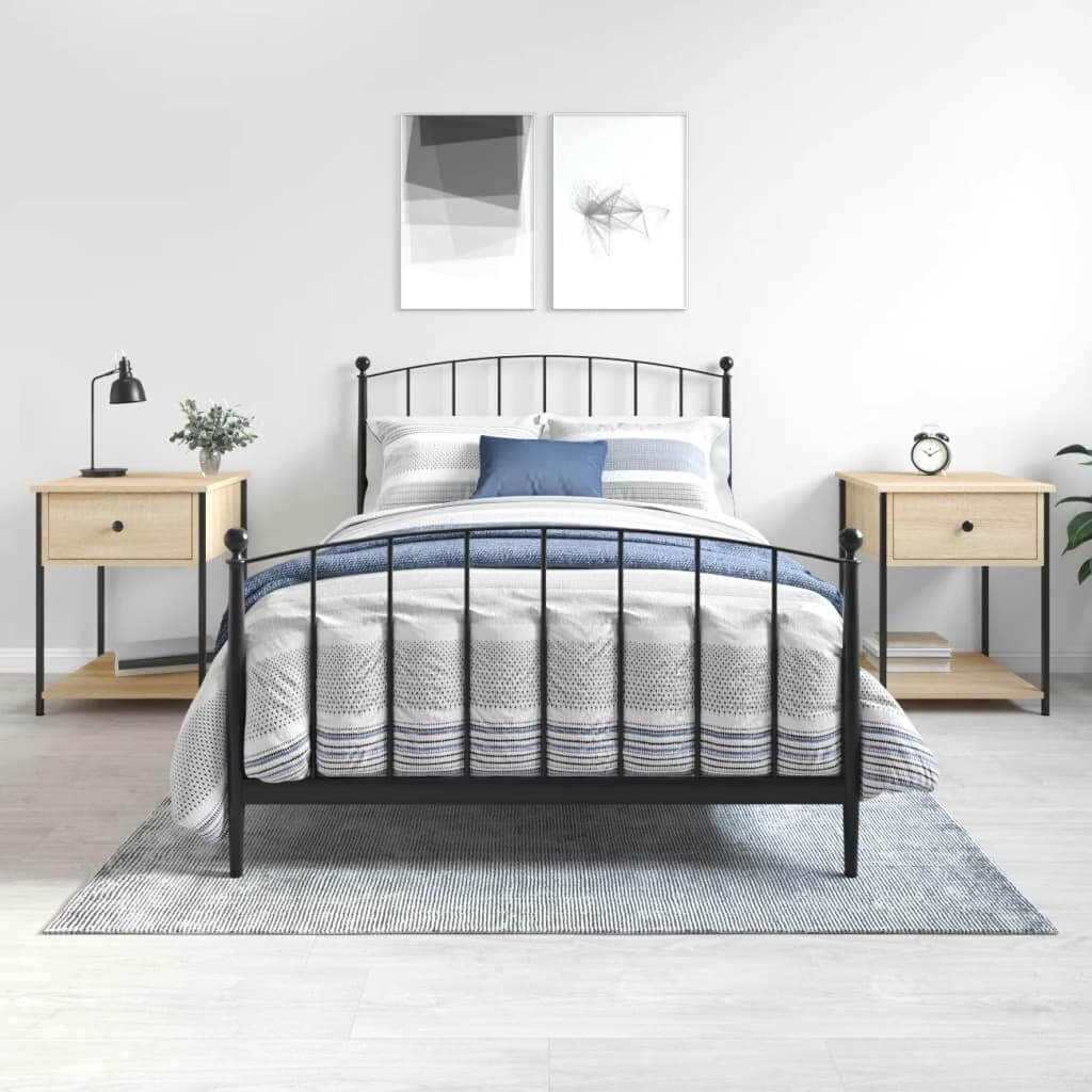 Bedside tables 2 pcs Sonoma Oak 44x45x58 cm engineered wood with metal frames, offering quality, affordable, and ample storage beside bed in bedroom.