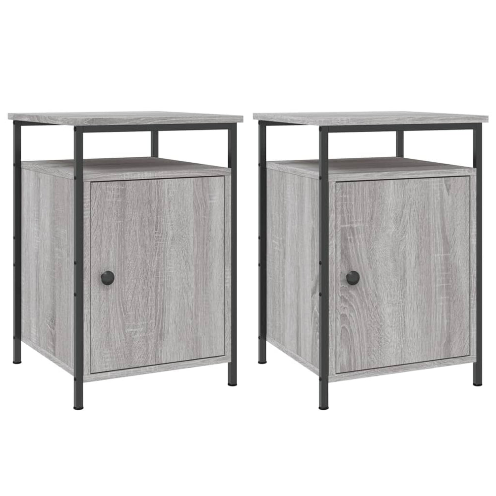 Affordable quality bedside cabinets 2 pcs in grey Sonoma engineered wood with black iron frame, perfect for bedroom or living room.