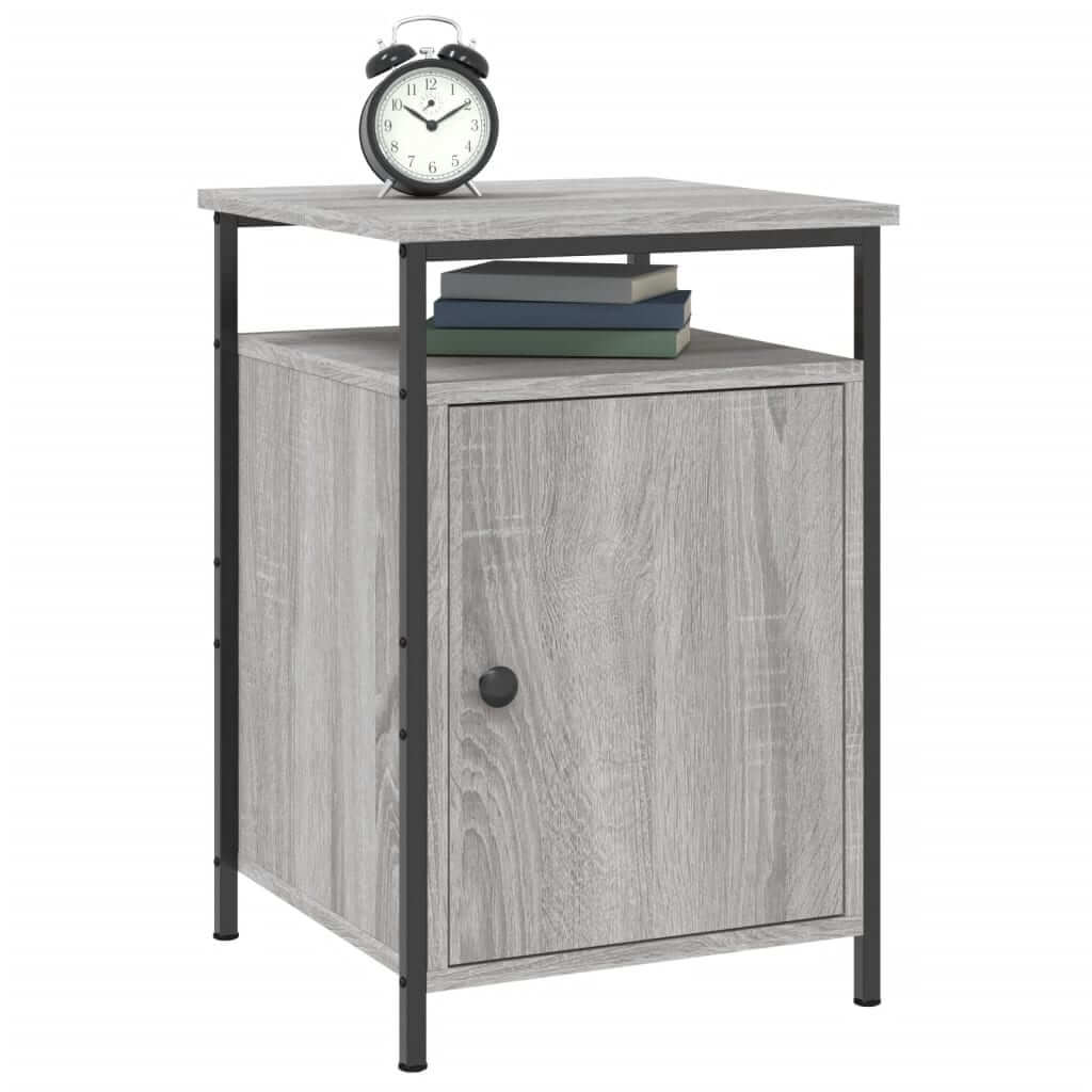 Affordable quality grey Sonoma bedside cabinet made of engineered wood with iron frame, featuring a door and storage shelf.