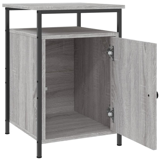 Affordable quality grey bedside cabinet with iron frame, open door, and ample storage space, engineered wood, 40x42x60 cm.