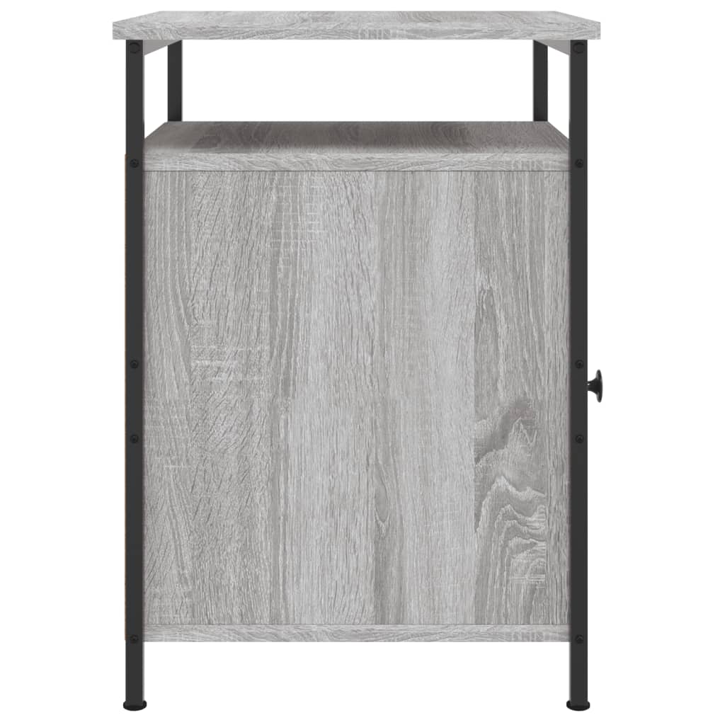 Affordable and sturdy grey Sonoma engineered wood bedside cabinet with ample storage space and black iron frame, ideal for bedroom or living room.