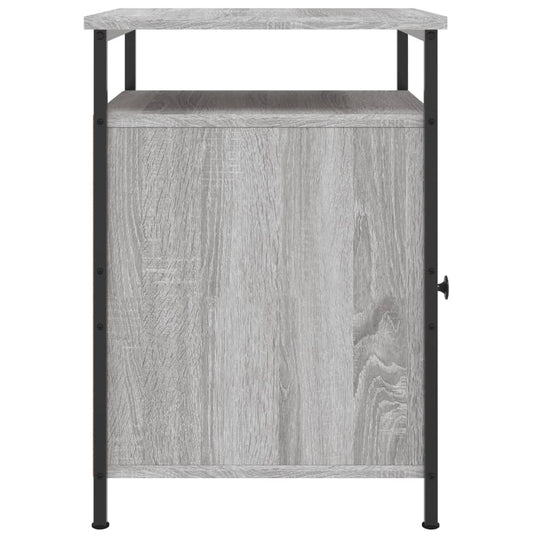 Affordable and sturdy grey Sonoma engineered wood bedside cabinet with ample storage space and black iron frame, ideal for bedroom or living room.