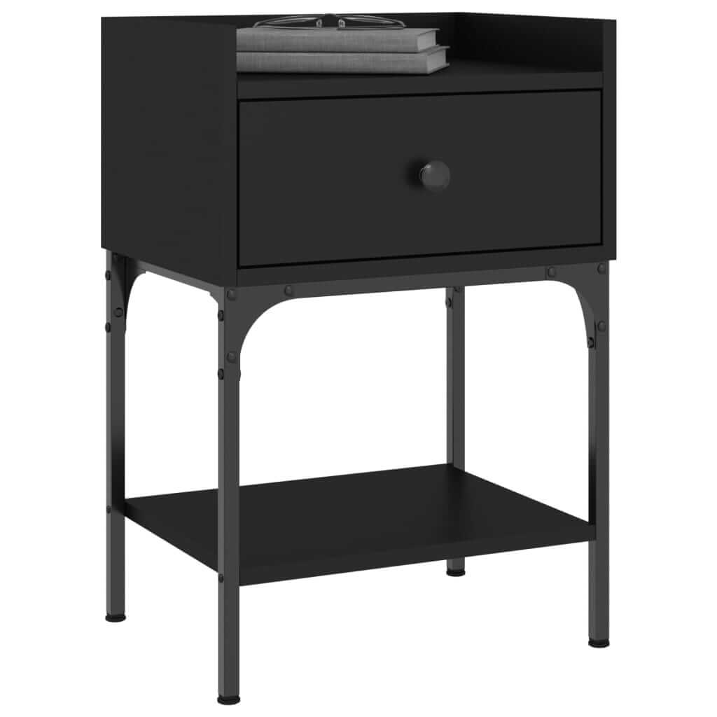 Affordable black bedside table with drawer and shelf, made of quality engineered wood, offering ample storage space and value.