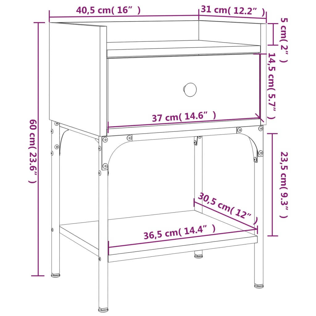 Dimensions diagram for affordable black bedside table made of quality engineered wood, showing measurements in centimeters and inches.