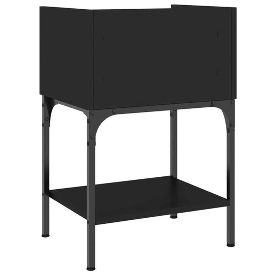 Black bedside table with engineered wood top and metal frame, featuring an additional bottom shelf for storage