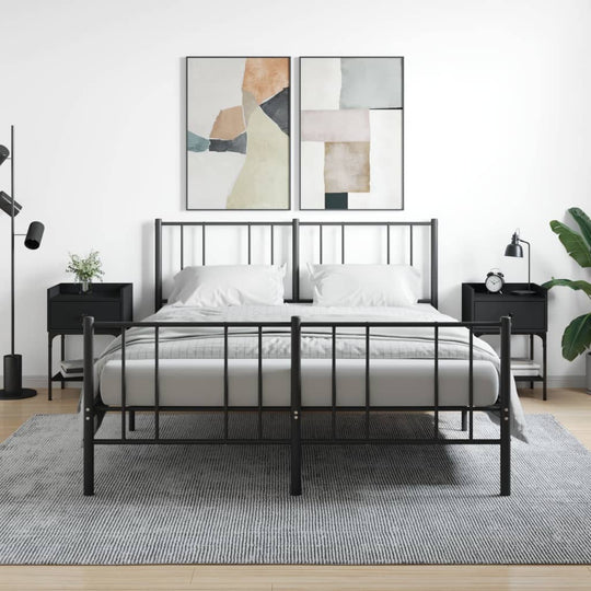 Modern bedroom with black engineered wood bedside tables, framed art, and black metal bed, emphasizing affordable and quality home decor.