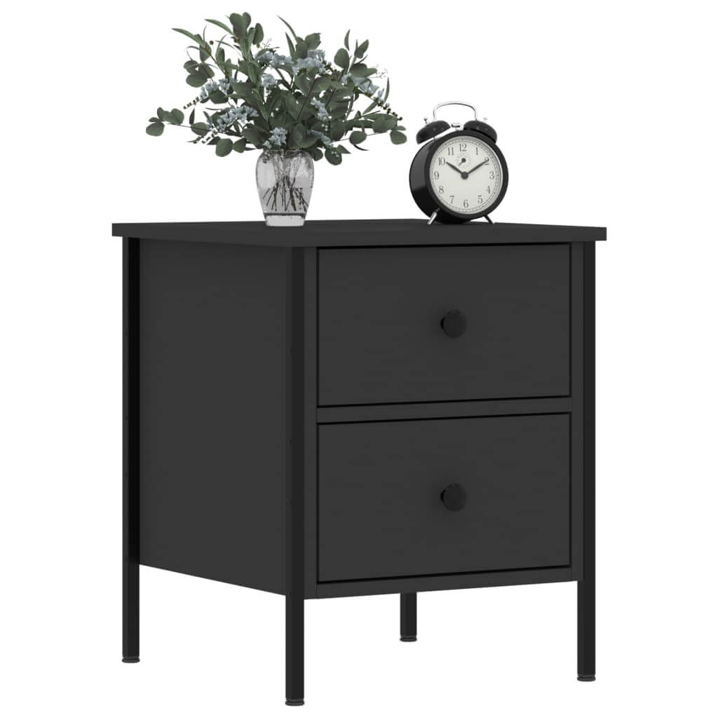 Affordable black bedside cabinet with 2 drawers, iron frame, clock, and plant, quality engineered wood, 40x42x50 cm, industrial style.