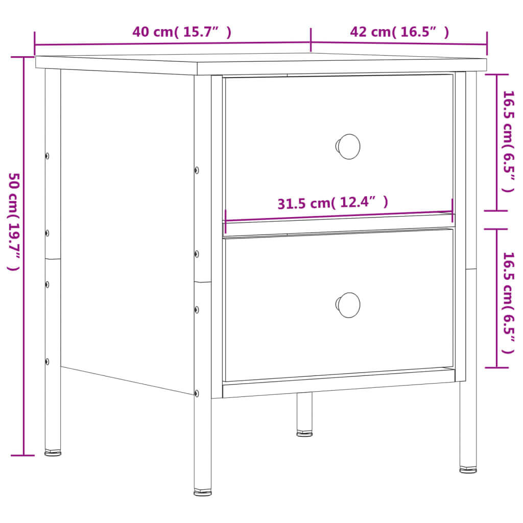 Dimensions diagram of affordable black bedside cabinets with 2 drawers, quality engineered wood and sturdy iron frame, measuring 40x42x50 cm.