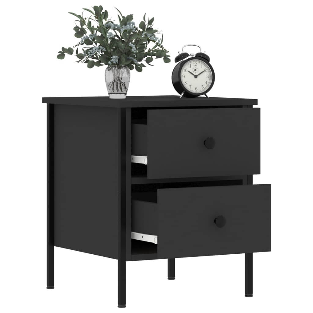 Affordable black bedside cabinets with 2 drawers, clock, and greenery on top. Quality engineered wood, iron frame, and ample storage for value.