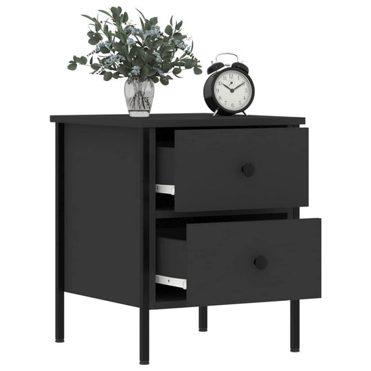 Affordable black bedside cabinets with 2 drawers, clock, and greenery on top. Quality engineered wood, iron frame, and ample storage for value.