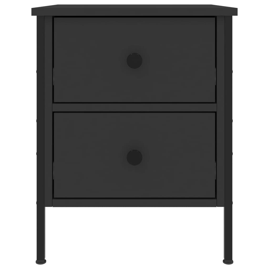 Affordable black bedside cabinet with 2 drawers measuring 40x42x50 cm, made of durable engineered wood and sturdy iron frame.