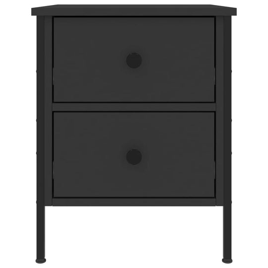 Affordable black bedside cabinet with 2 drawers measuring 40x42x50 cm, made of durable engineered wood and sturdy iron frame.