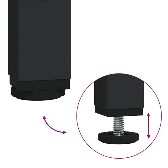 Adjustable feet feature of a black bedside cabinet showcasing screw mechanism for stable positioning