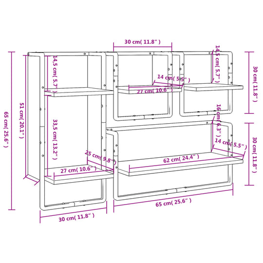 4 Piece Wall Shelf Set with Bars Black Engineered Wood